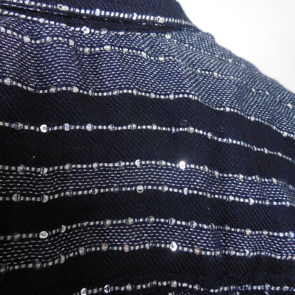 STYLE & CO Top L Navy Blue Striped Button Down Blouse Sequin Detail Party Shirt - Picture 13 of 13